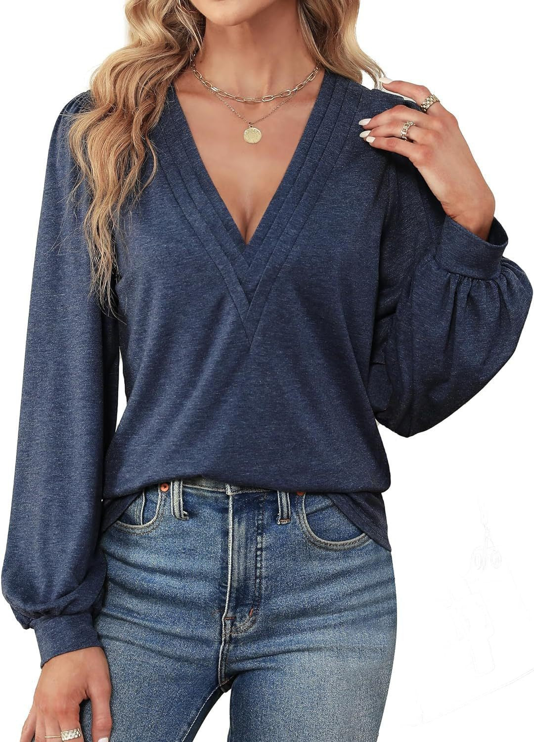 Women's Shirt V-Neck Loose Casual Long Sleeve Top