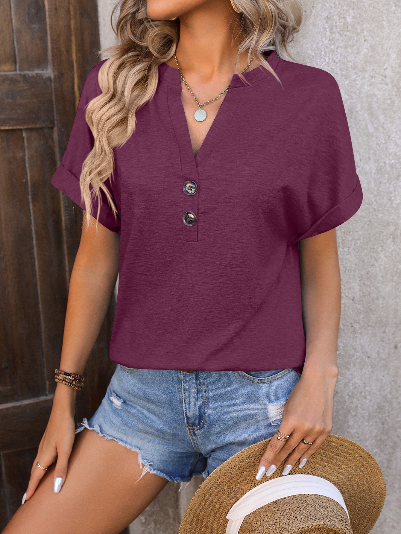 Summer V-neck Button Solid Color Cotton Loose Short-sleeved T-shirt Women