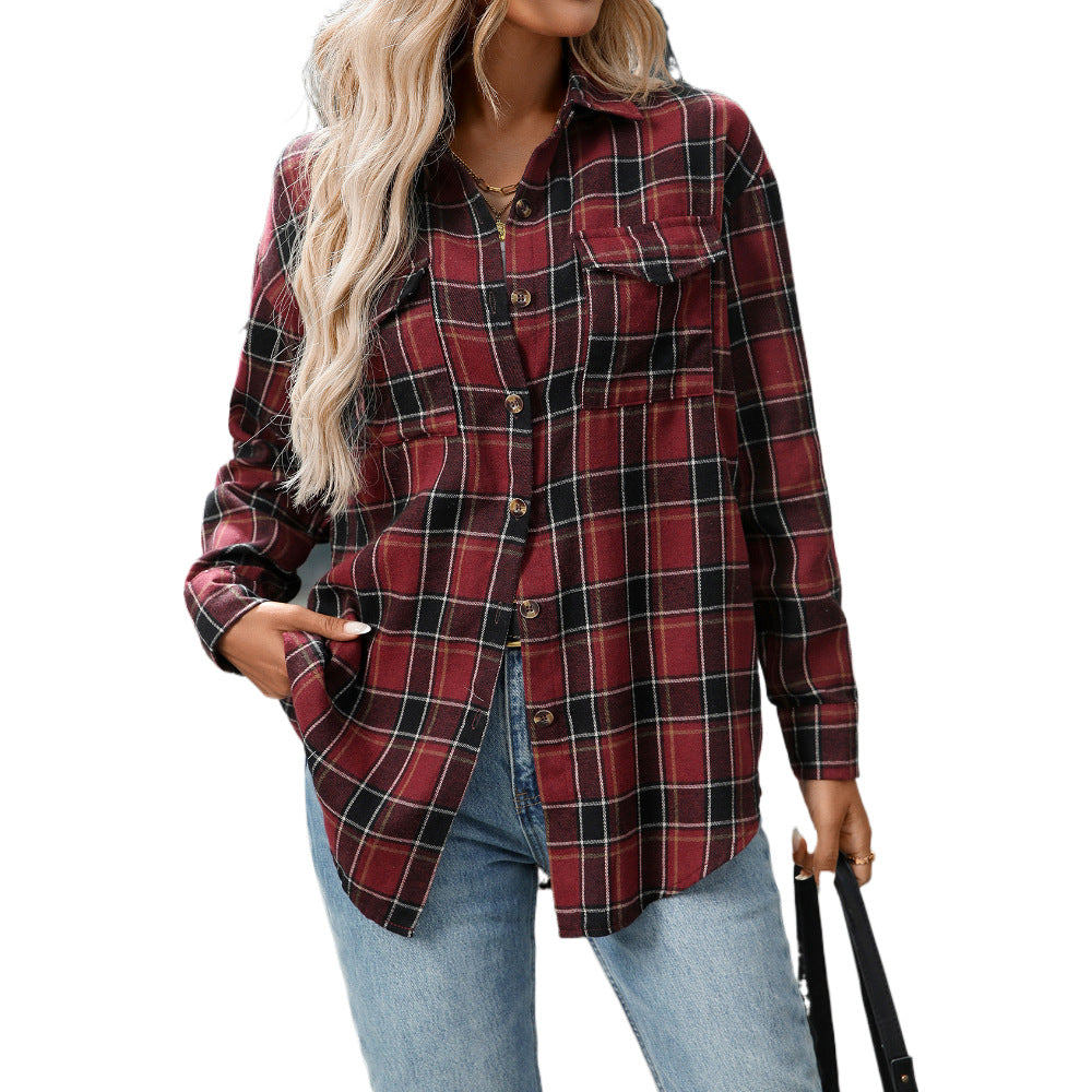 Casual Fashion Loose Plaid Pocket Shirt Women