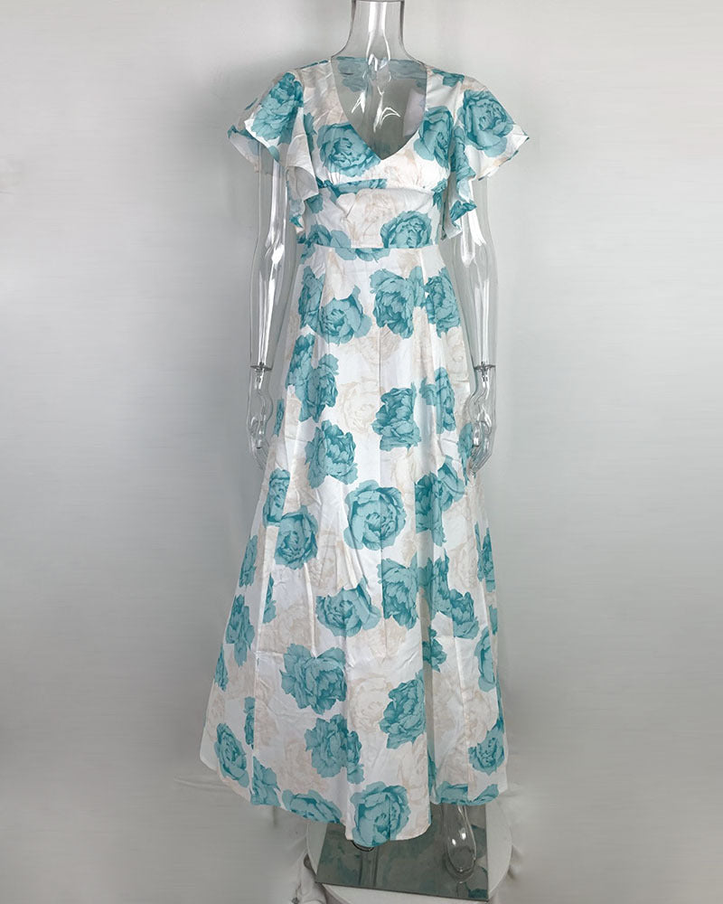 Women's Elegant V-neck Slim-fitting Flower Print Dress