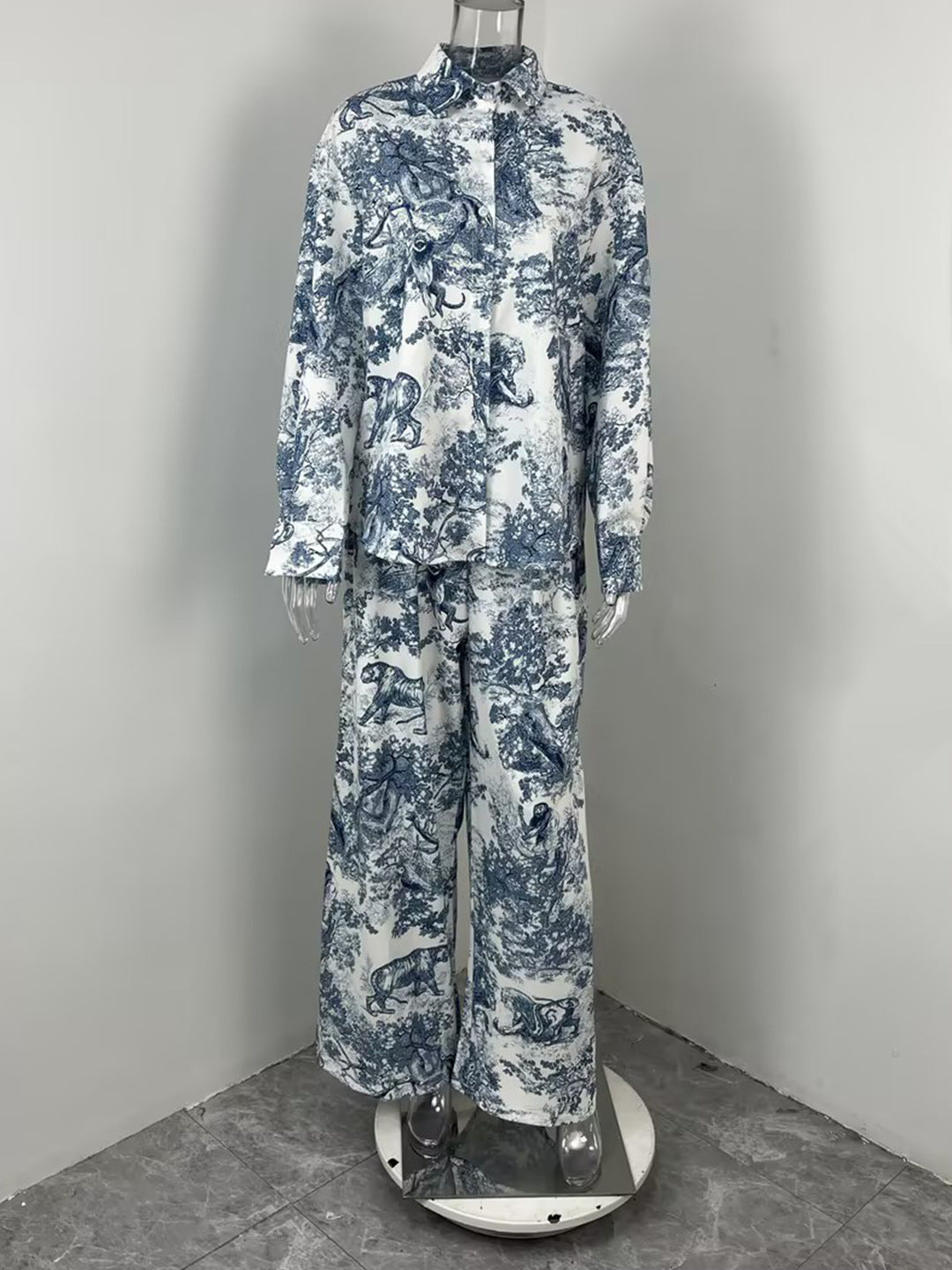 Women Casual Lapel Printed Shirt Pants Set