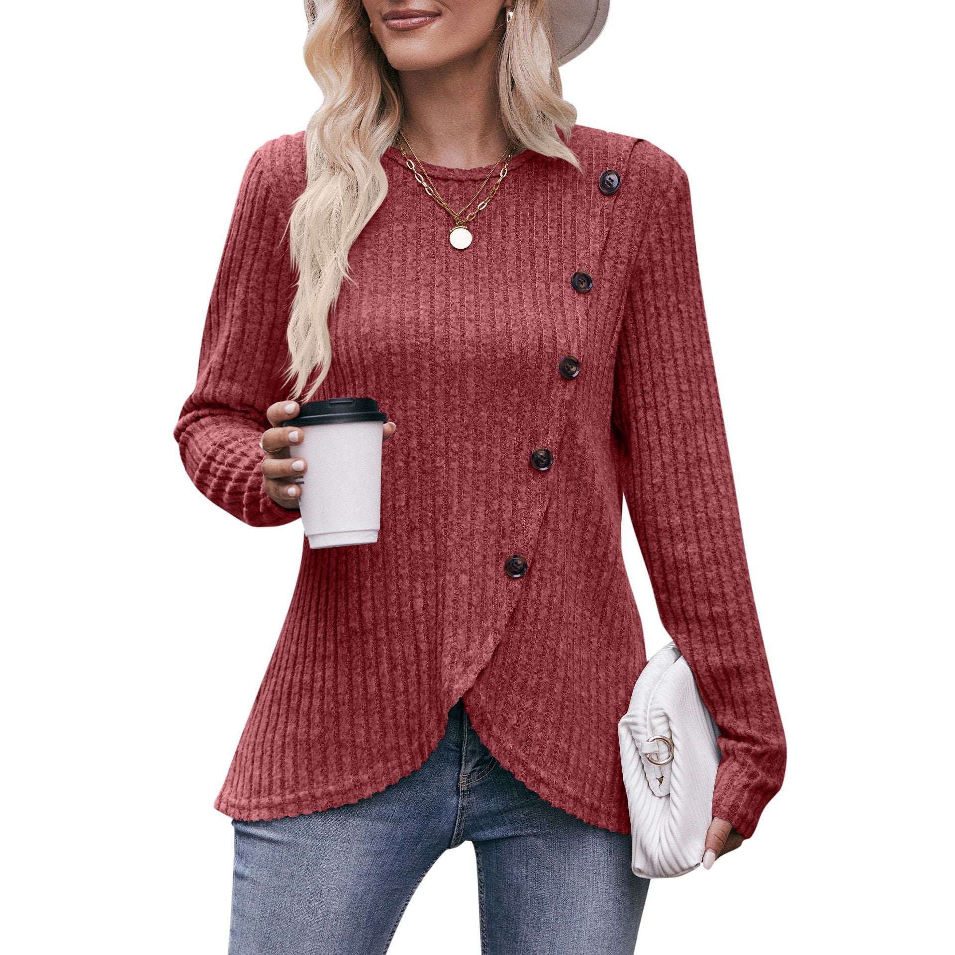 Women's Crew Neck Bottom Solid Color Button T-Shirt