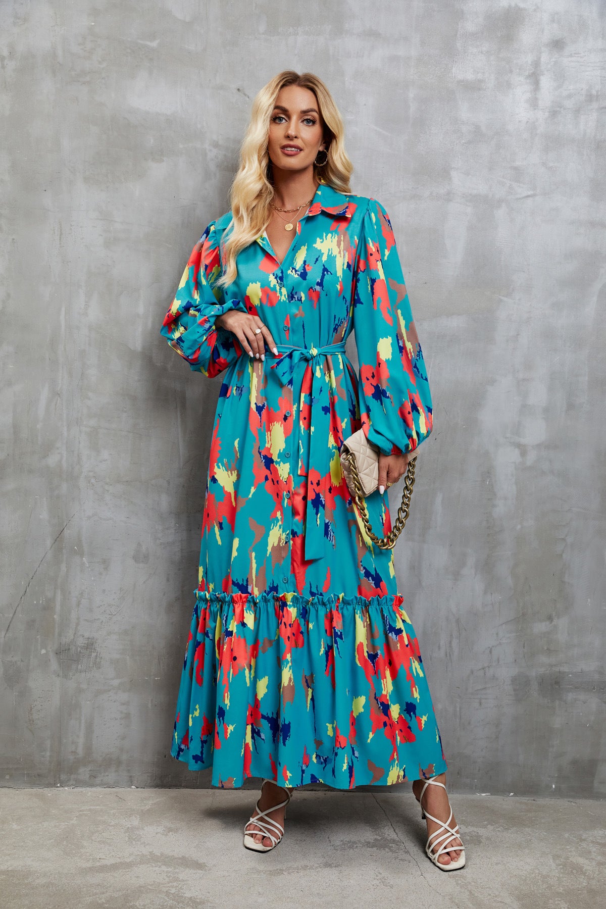 Women Printed Single-Breasted Lace-Up Waist Lantern Sleeve Dress