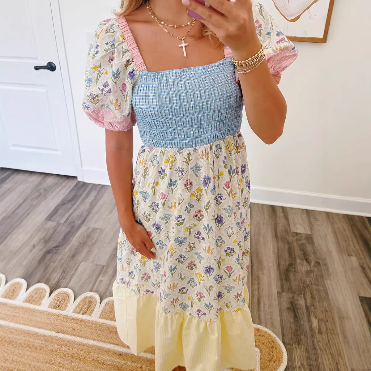 Women Square Neck Dress High Waist Long Dress