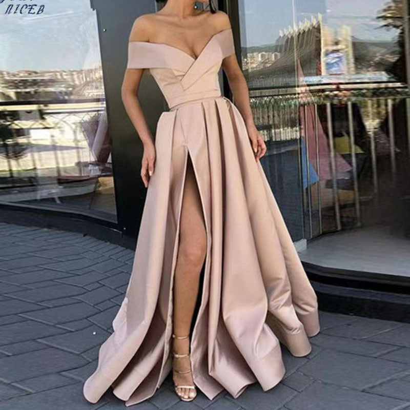Satin Solid Color Deep V Dress Dress Evening Dress