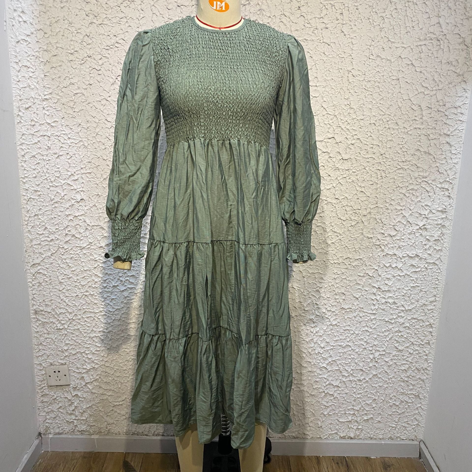 Women Vintage Crew Neck High Waist Roller Dress Lantern Sleeves