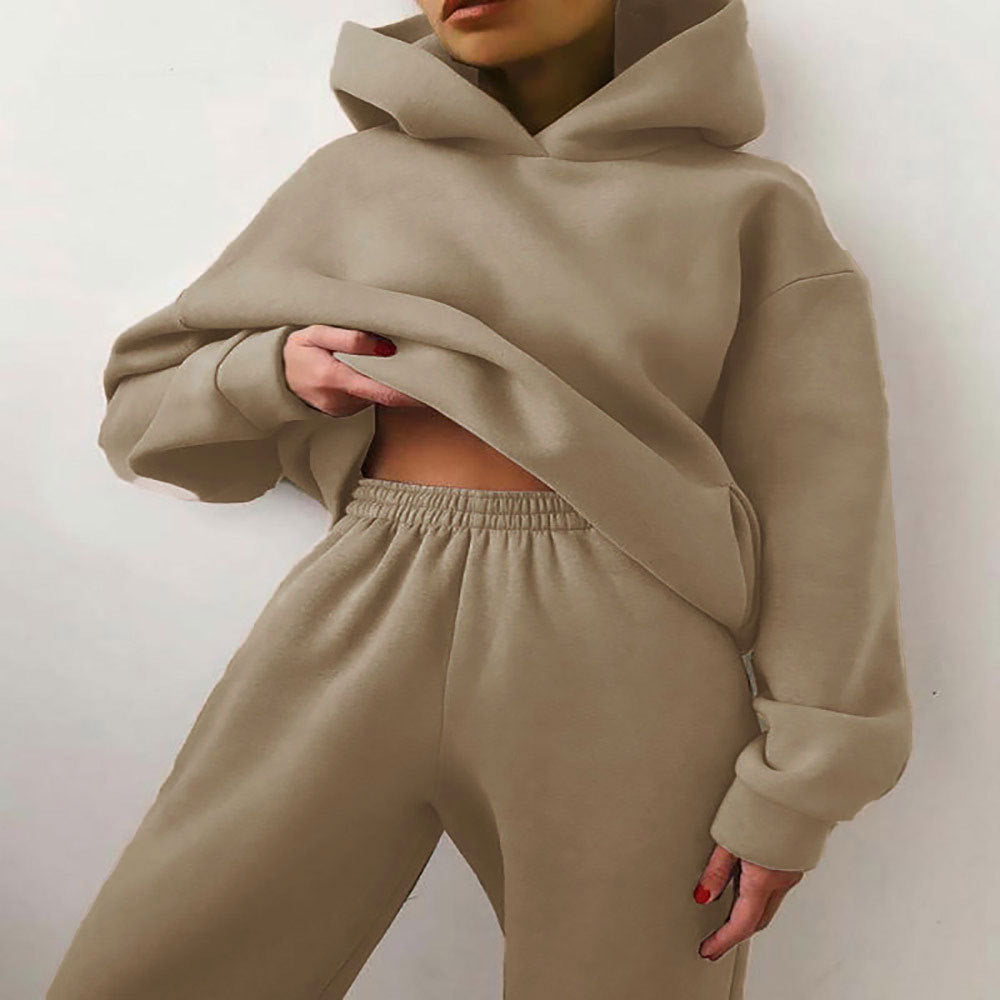 Women Fashion Casual Sports Solid Color Hooded Set