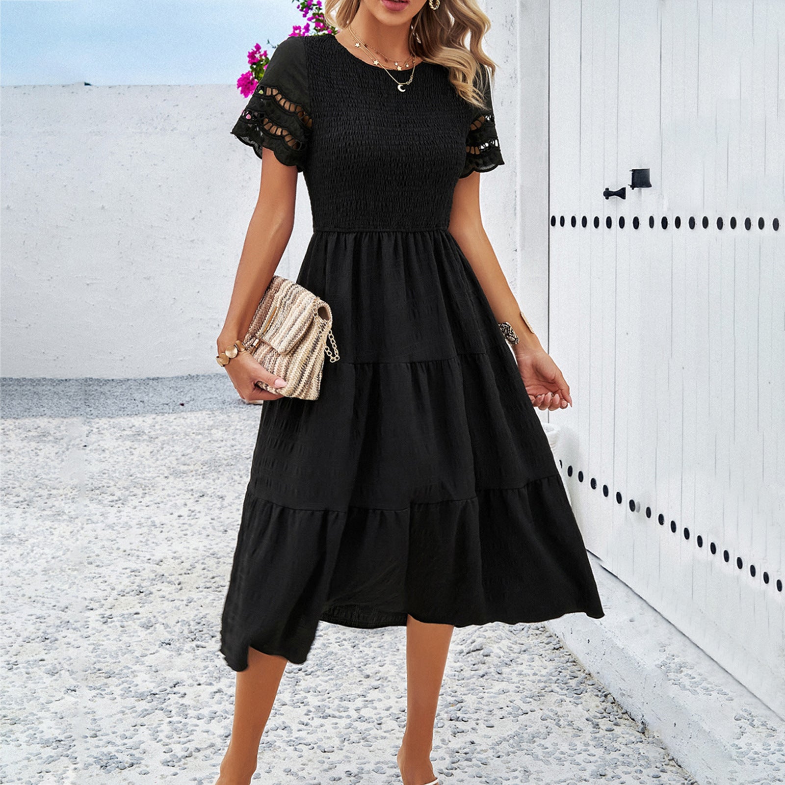 Solid Color Short-sleeved Cut-out Dress for Women