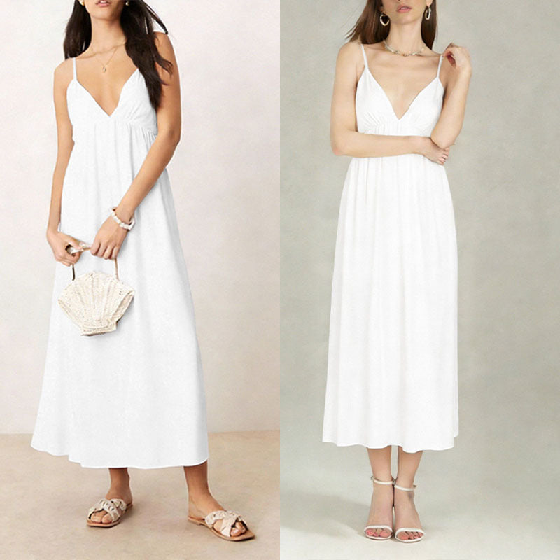 Sexy Backless Sleeveless Solid Color V-neck Dress