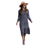 Women Vintage Crew Neck High Waist Roller Dress Lantern Sleeves