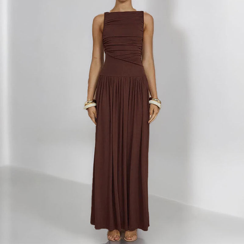 Women Solid Color Pleated Waist Dress Long Dress