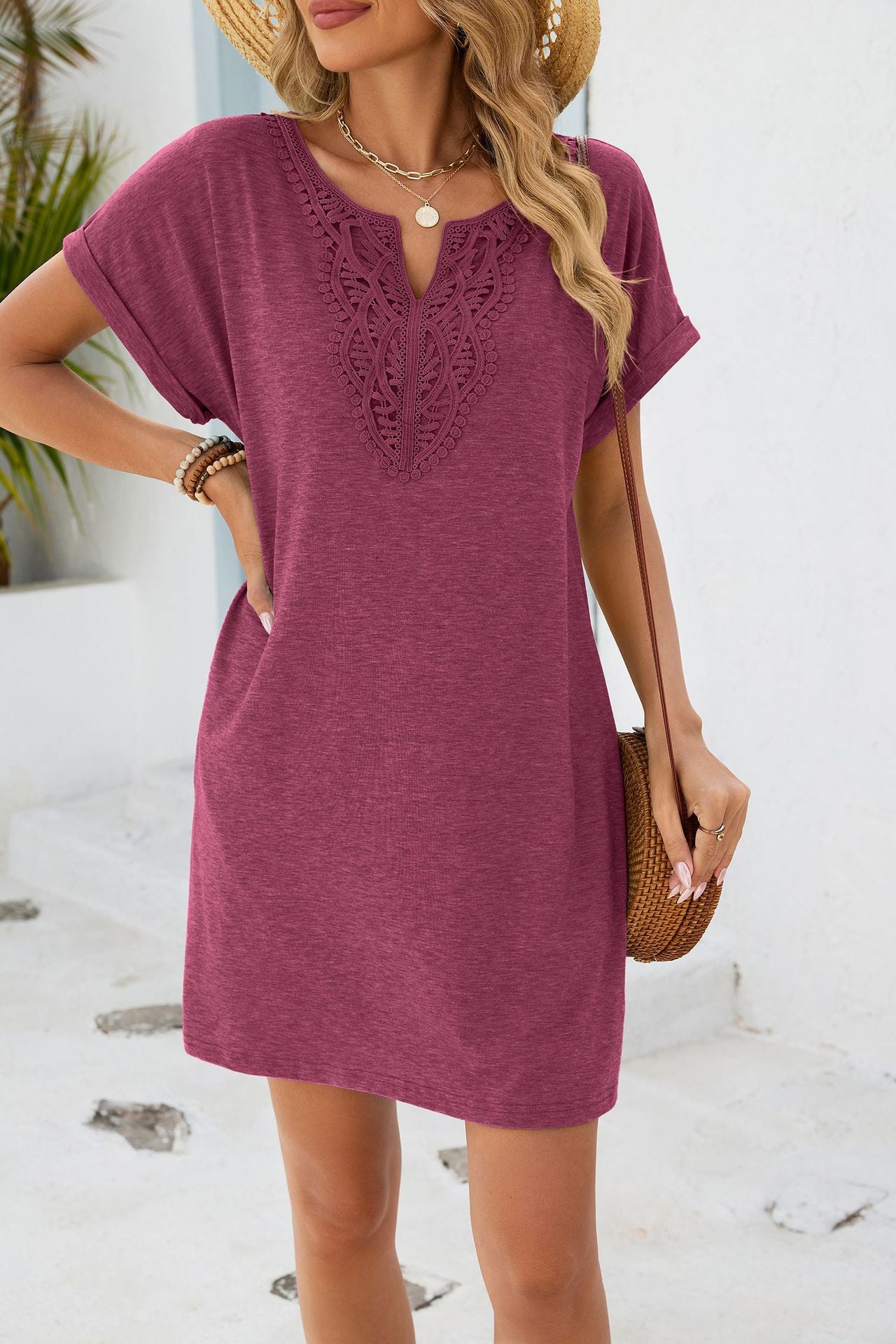 Women Solid Color V-Neck Lace Short Sleeve Pocket Dress
