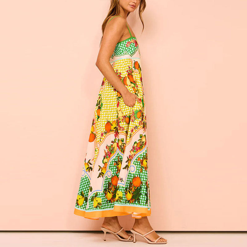 Elegant Printed High Waist Suspender Dress Long Dress