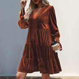 Woemn Long Sleeve Solid Color Velvet Dress