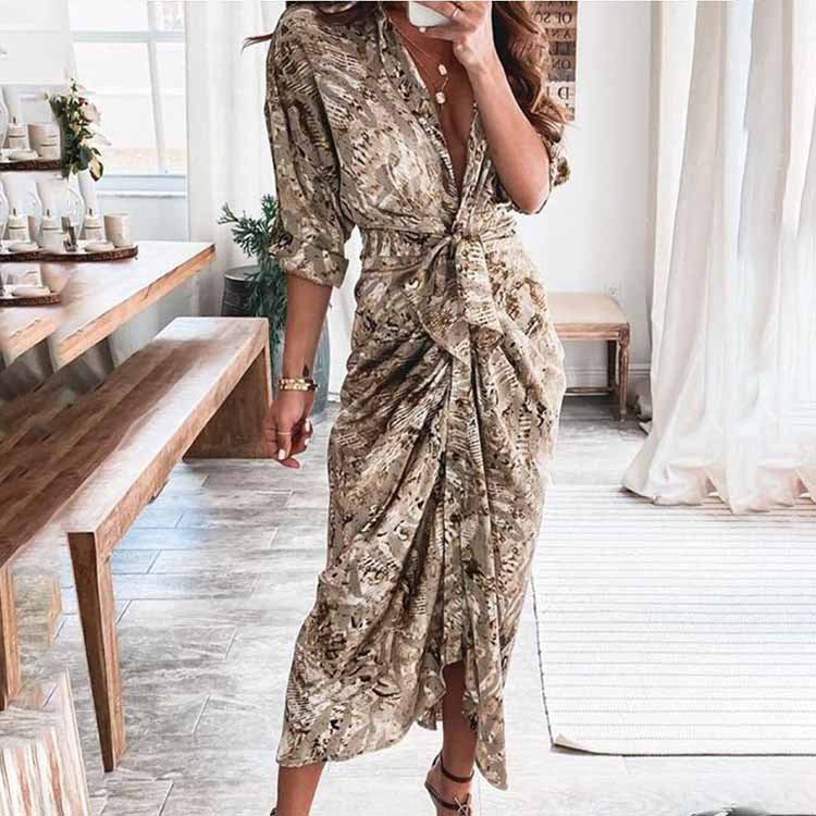 Womens Casual V-Neck Printed Strap-on Dress