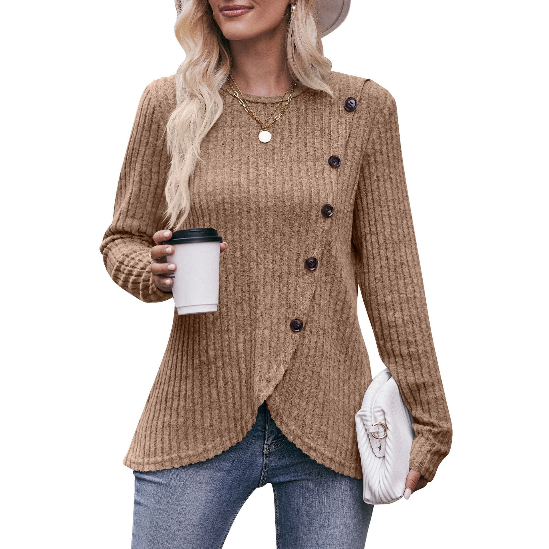 Women's Crew Neck Bottom Solid Color Button T-Shirt