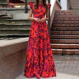 Womens Lotus Leaf Sleeve Print Long Dress
