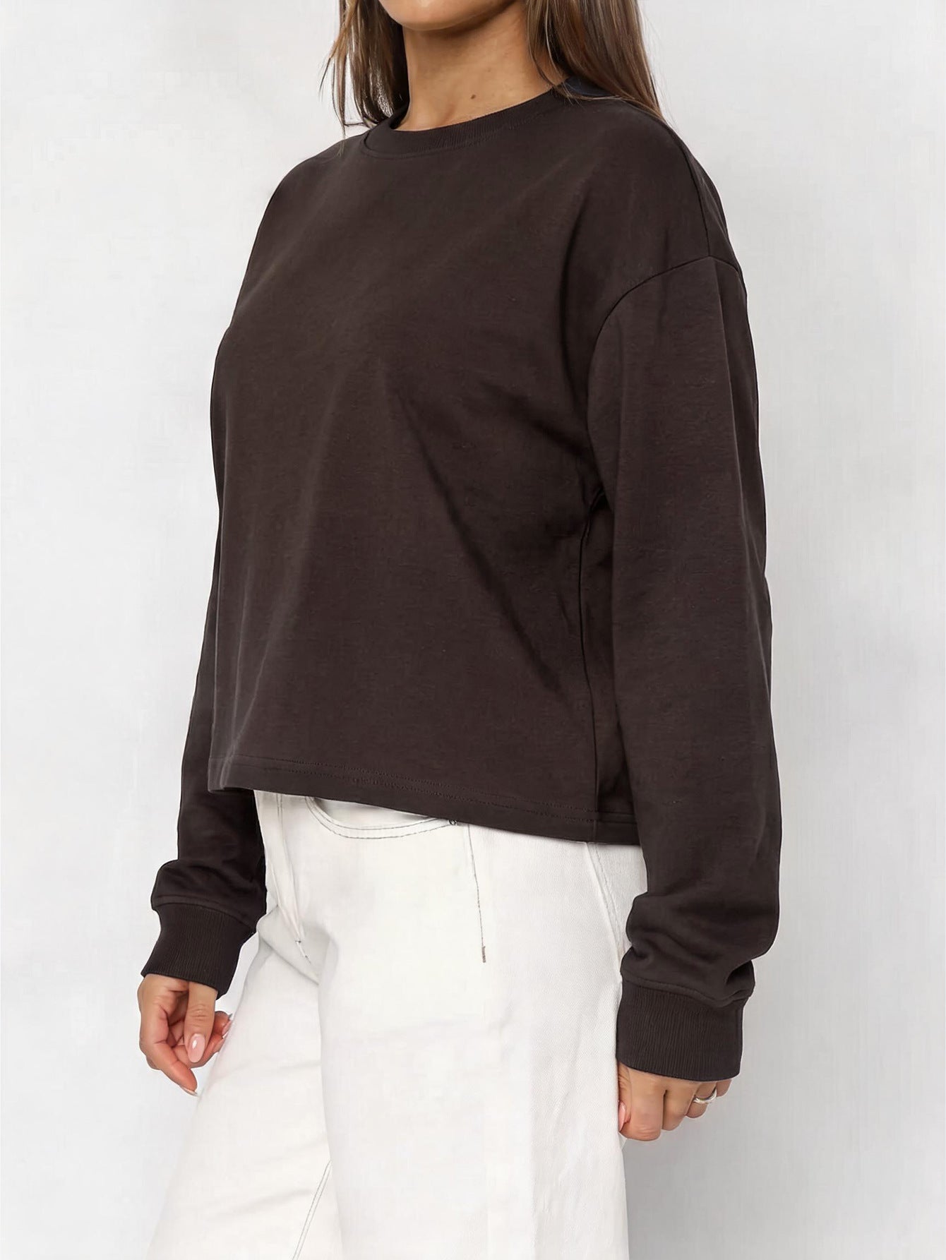 Women's Casual Solid Color Loose Crew Neck Long Sleeve Top
