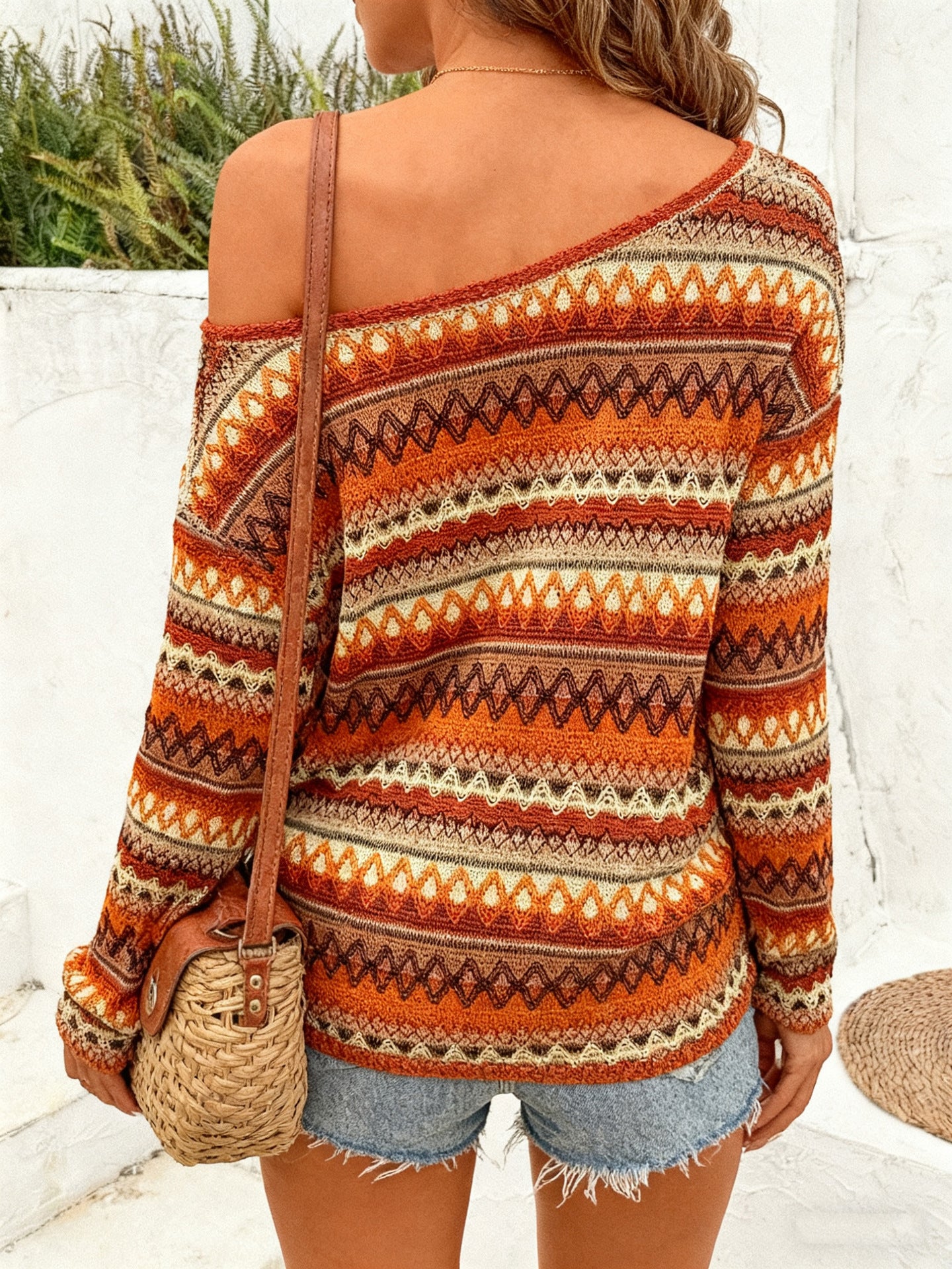Womens Bohemian Contrast Striped Off-Shoulder Long Sleeve Knitted T-Shirt