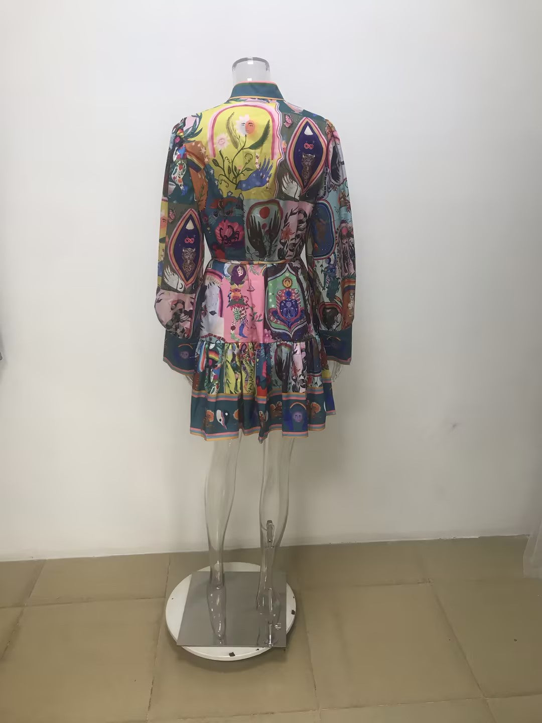 Vintage Elegant Collar Print Strap-on Dress Short