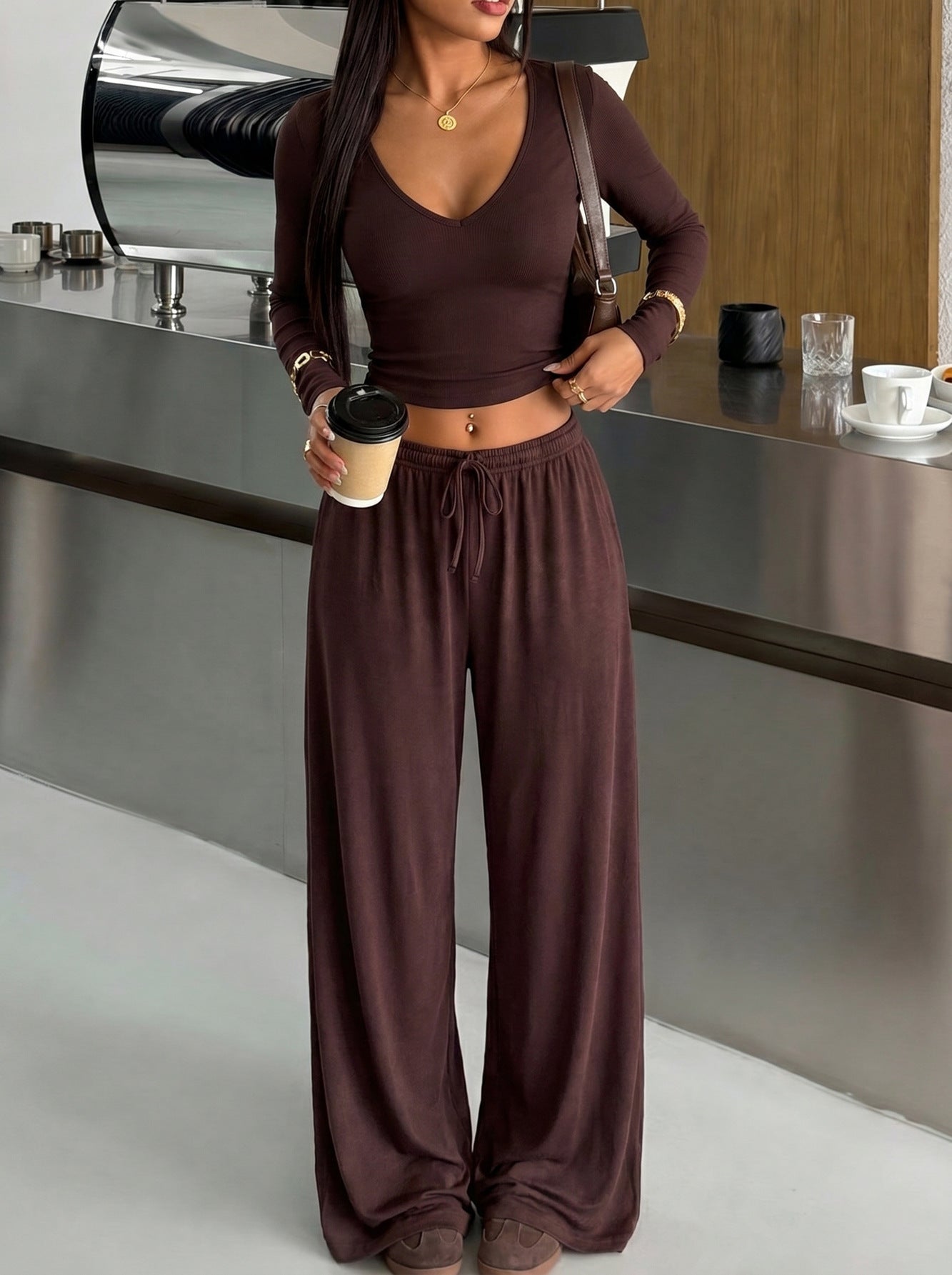 Women Vintage Casual Deep V Slim Sports Suit