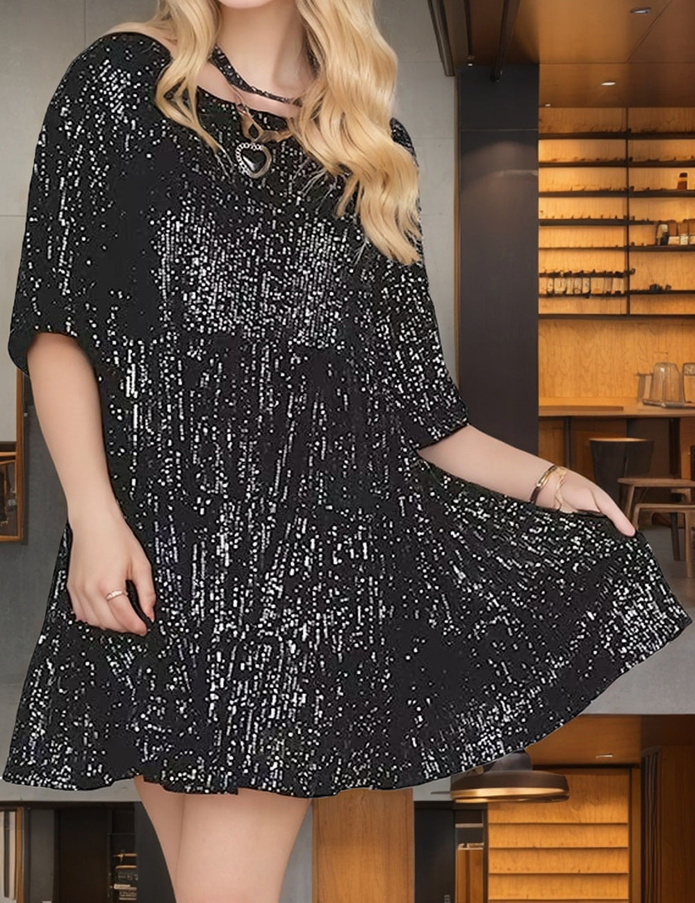 Crew Neck Loose Short Sleeve Dress Sequin Dress