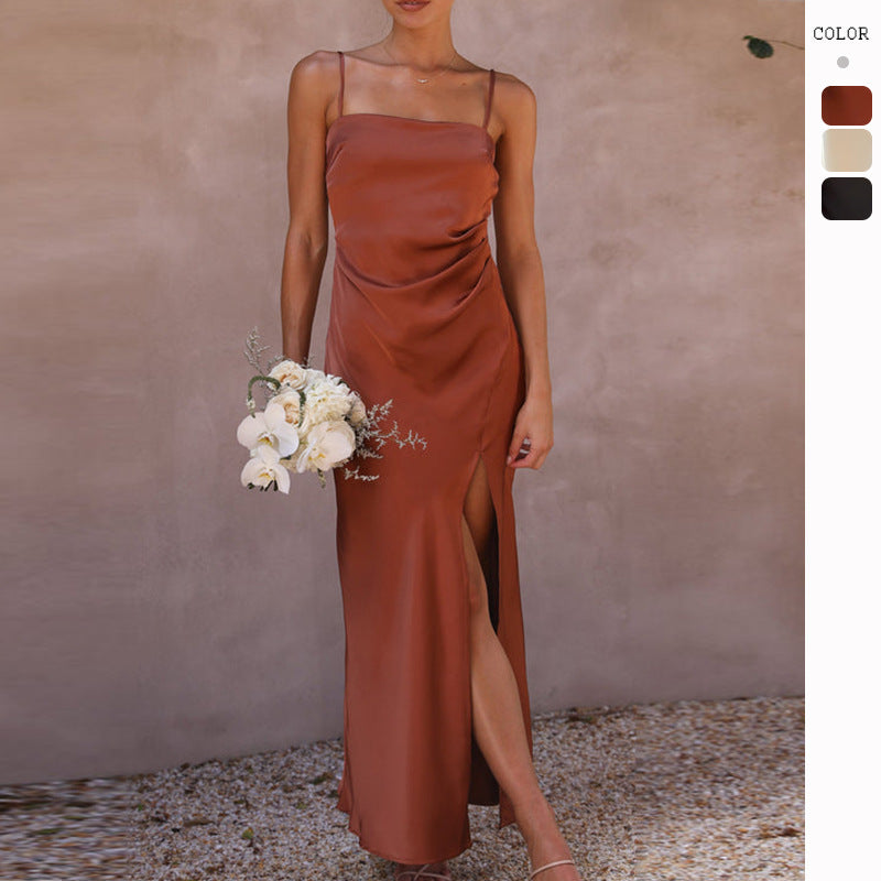 Women Solid Color Split Suspender Dress Women