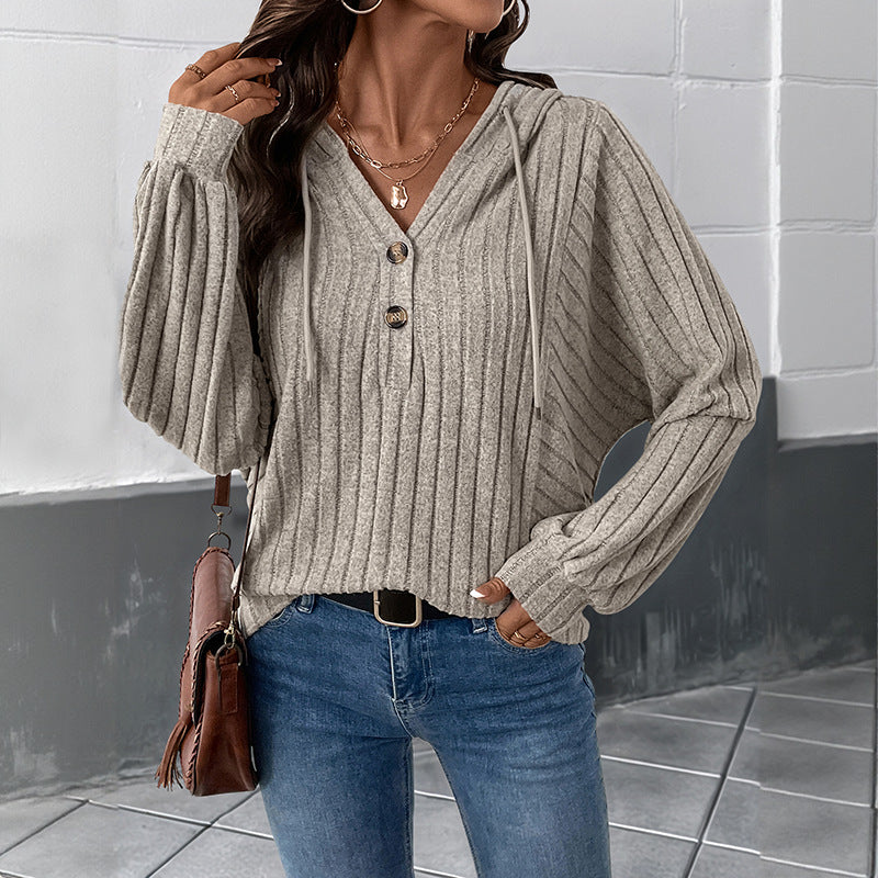 Women Casual Hooded Solid Color Knitted Sweater