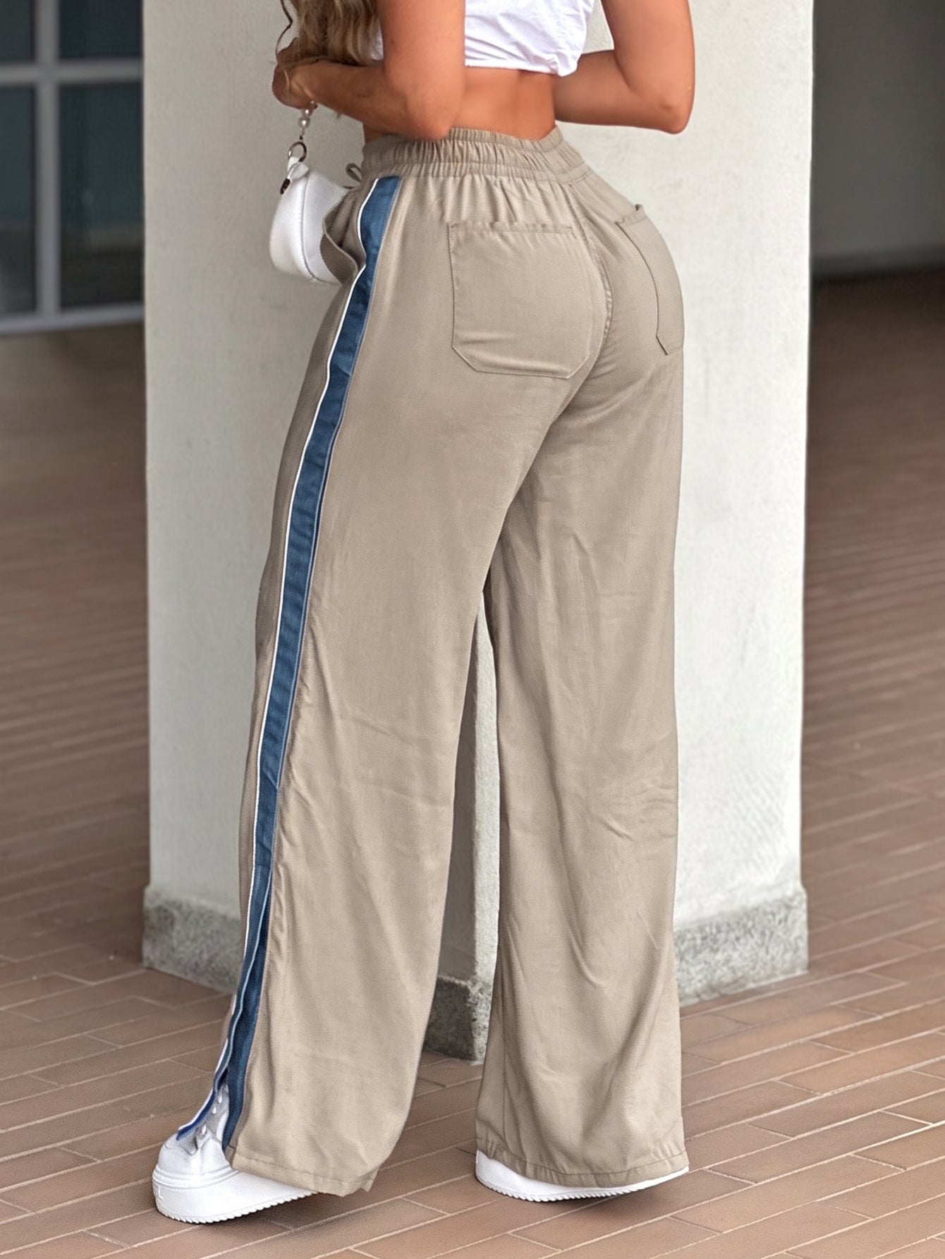 Women Contrast Drawstring Wide Leg Bottom