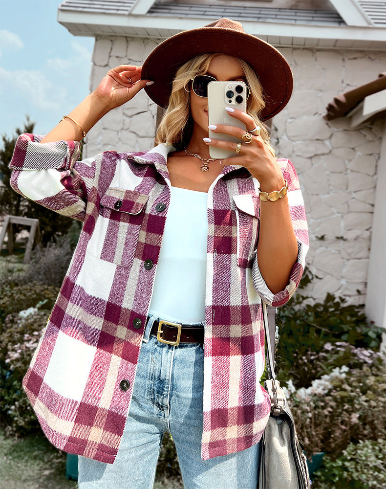 Plaid Jacket Long-sleeved Shirt Casual Top Women