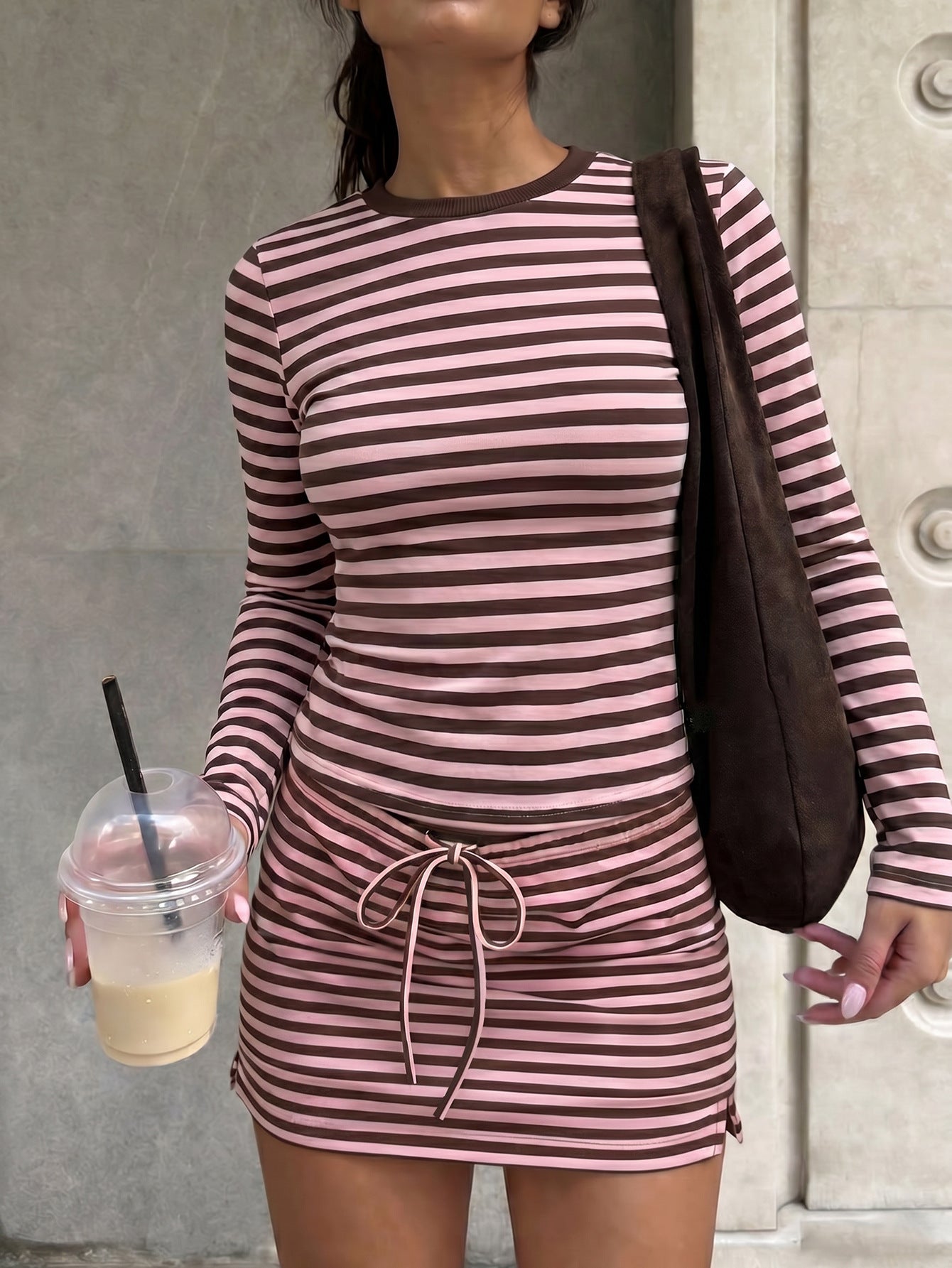 Women Retro Style Crew Neck Slim Drawstring Set