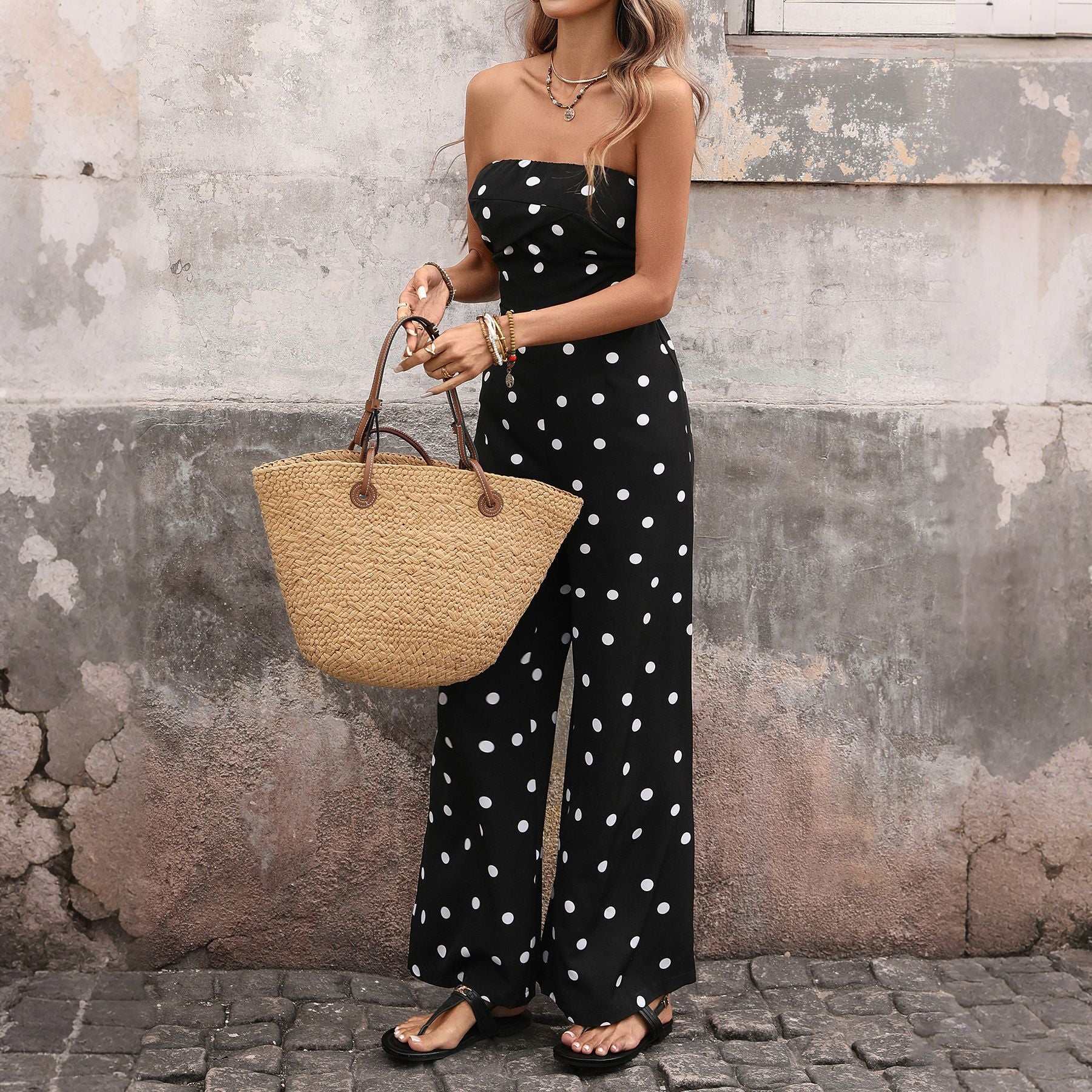 Vintage Polka Dot Tube High Waist Wide Leg Jumpsuit