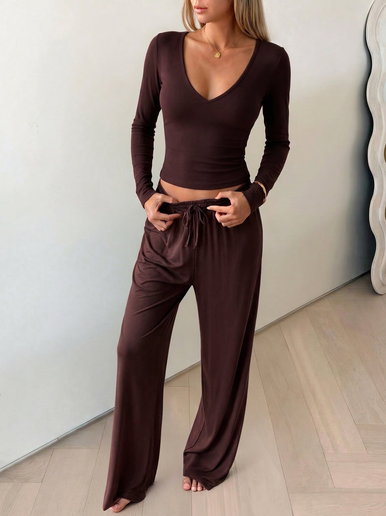 Women Vintage Casual Deep V Slim Sports Suit