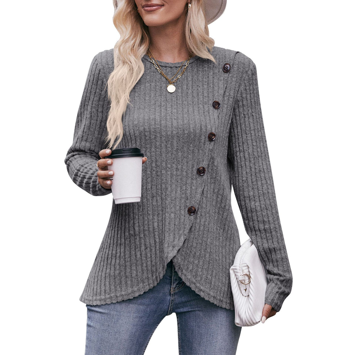 Women's Crew Neck Bottom Solid Color Button T-Shirt