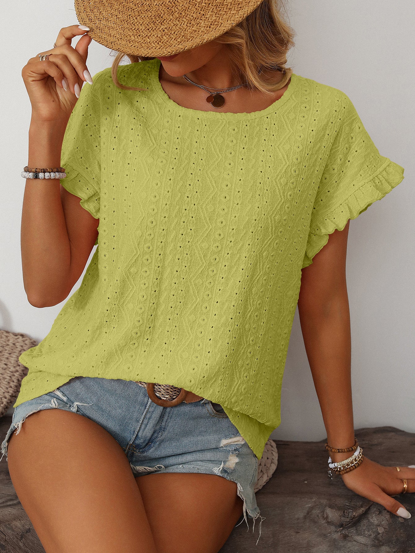 Solid Color Crew Neck Sweet Short-sleeved T-shirt Hollow Top
