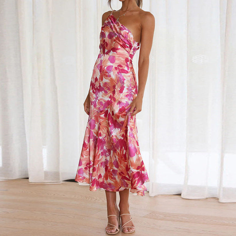Womens Print Slant Neck Off-the-shoulder Dress