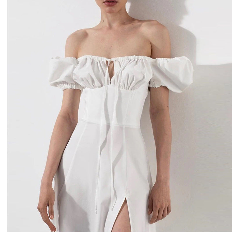 Women Solid Color Bubble Sleeve Strap Dress