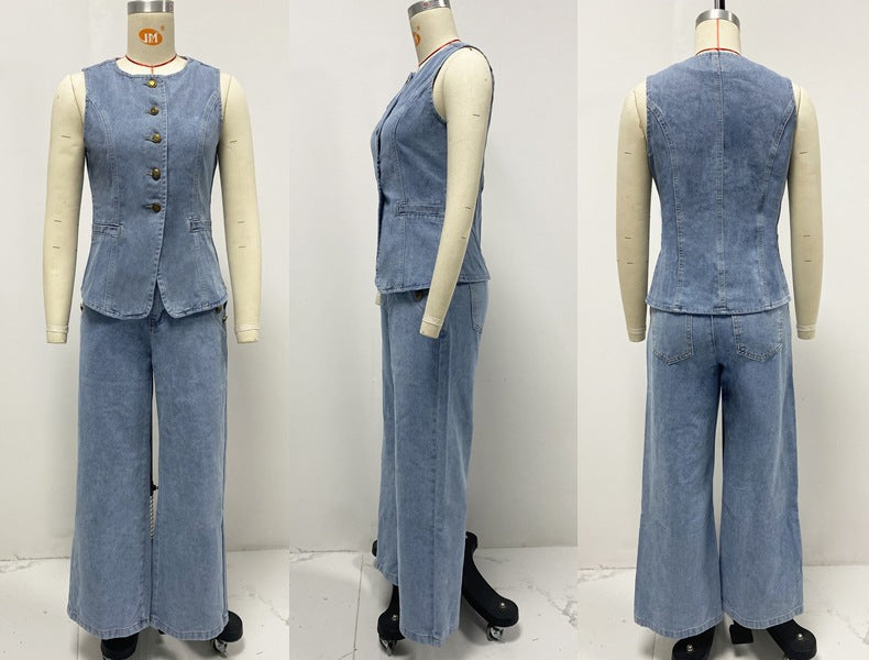 Women's Solid-color Loose Fashion Long-sleeve Denim Suit Wide-leg Pants