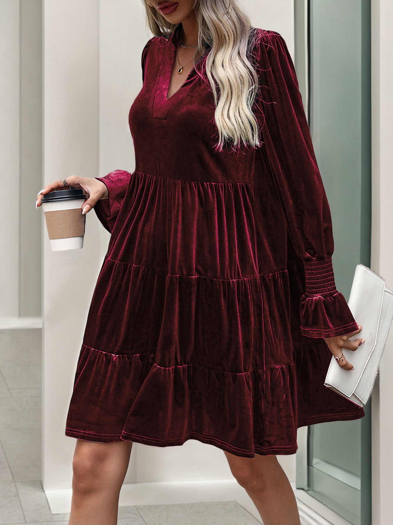 Woemn Long Sleeve Solid Color Velvet Dress
