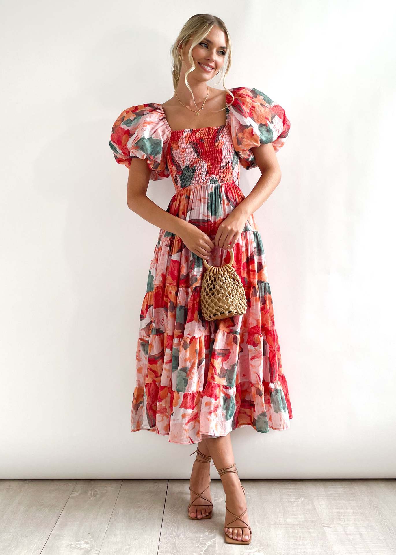 Women Bubble Sleeve Holiday Skinny Long Dress High Waist Shoulder Print Dress