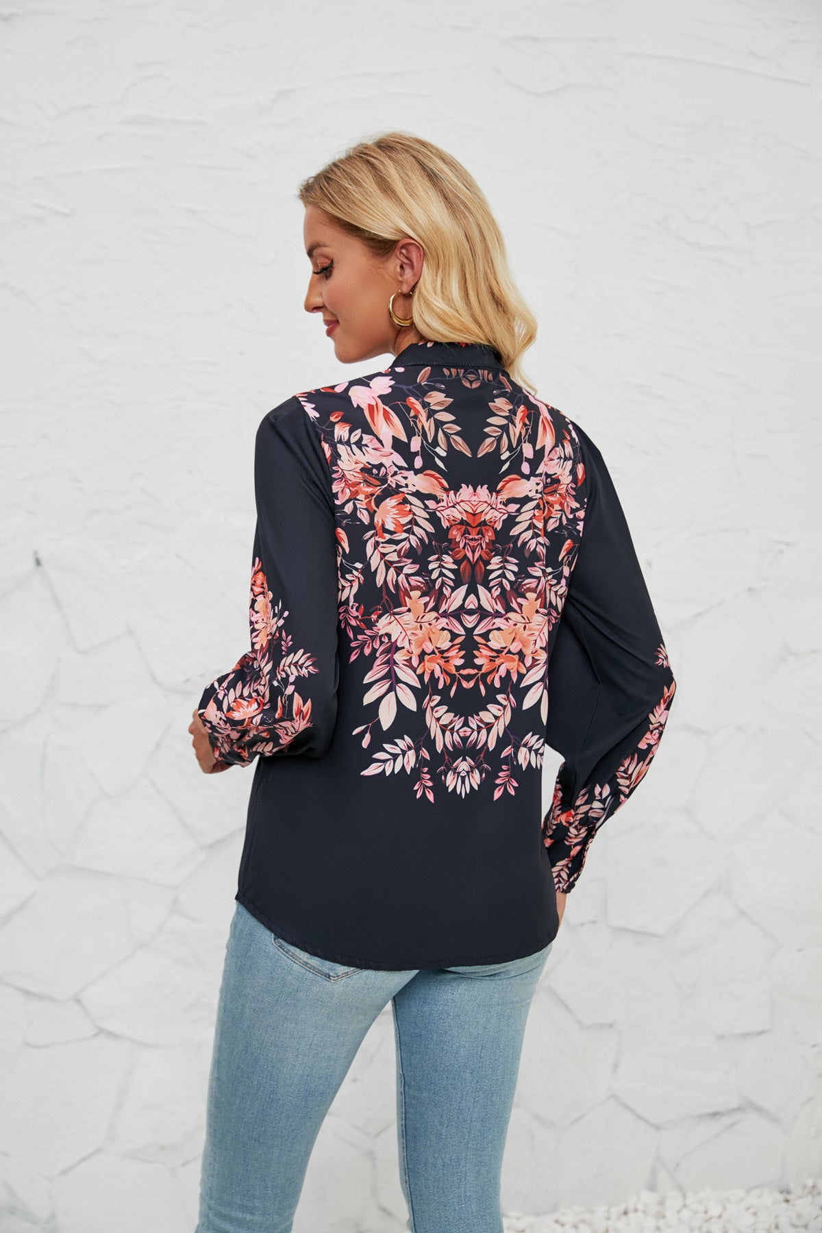 Women's Printed Long Sleeve Stand-Up Collar Fashion Casual Blouse