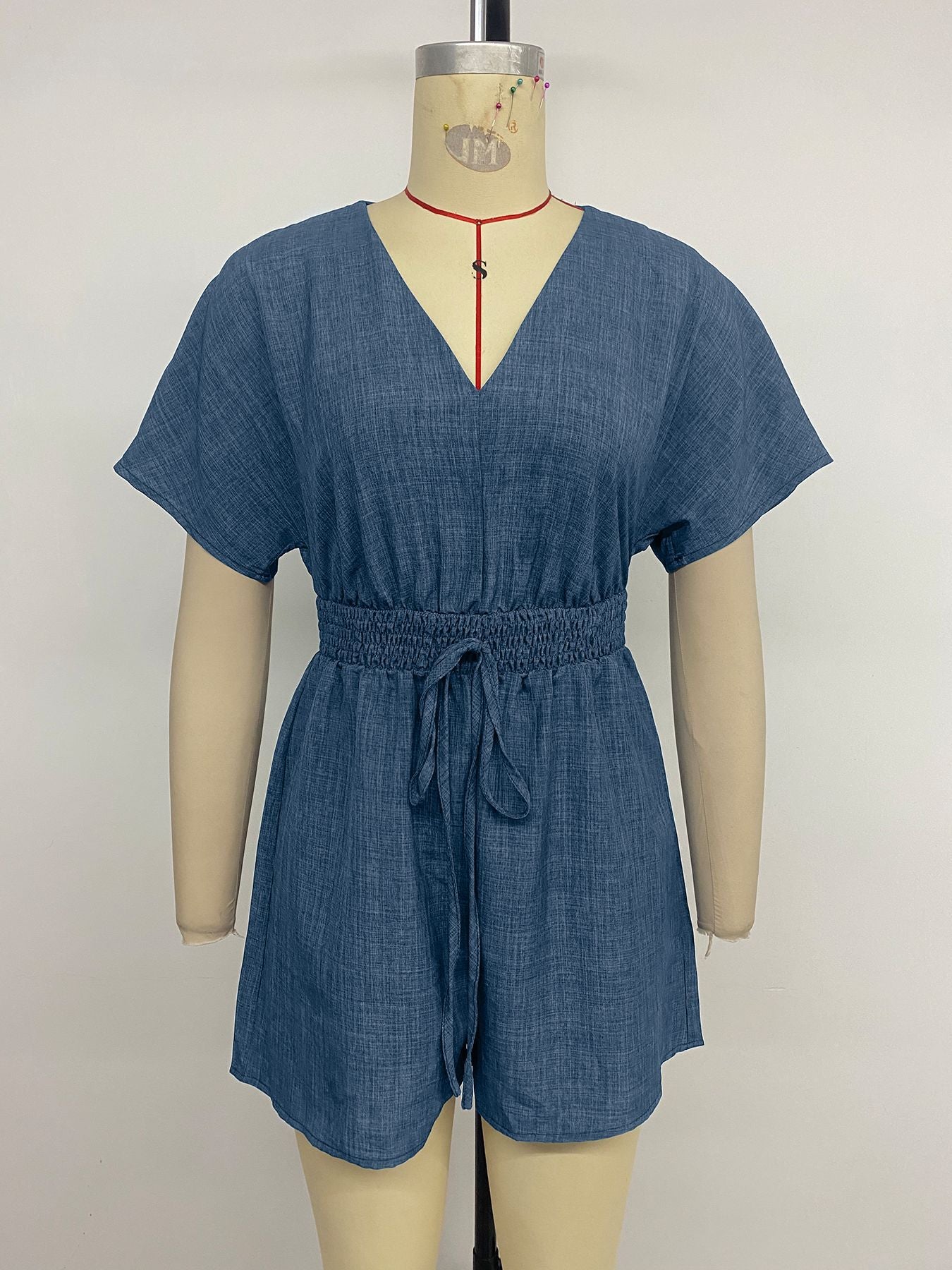 Casual Solid Color Waist Short-sleeved V-neck Jumpsuit