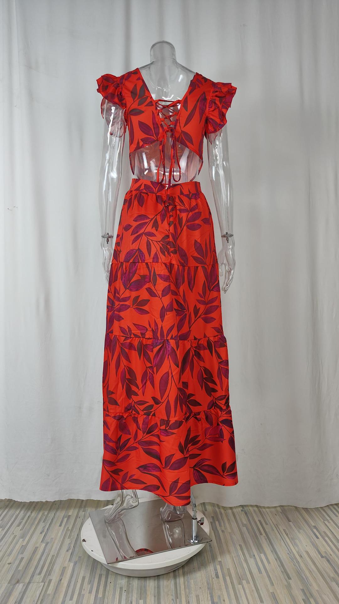 Womens Lotus Leaf Sleeve Print Long Dress