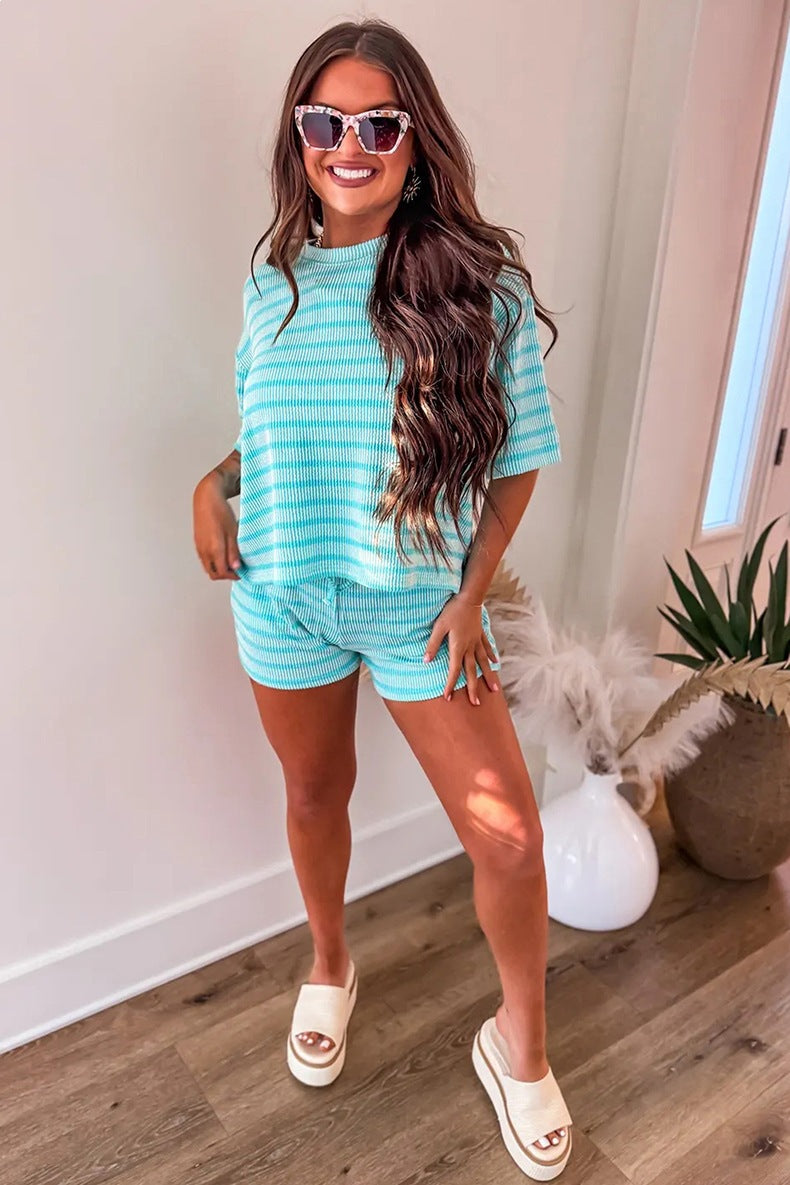 Women Short Sleeve Two-piece Striped Print Suit