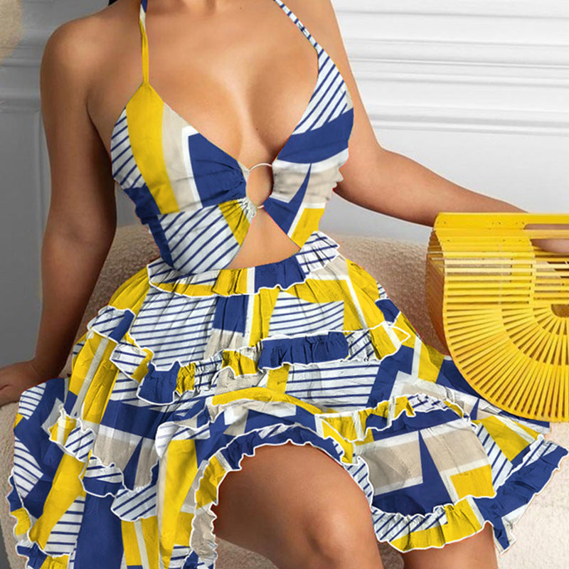 Women Sexy Neck Print Ruffle Edge Dress