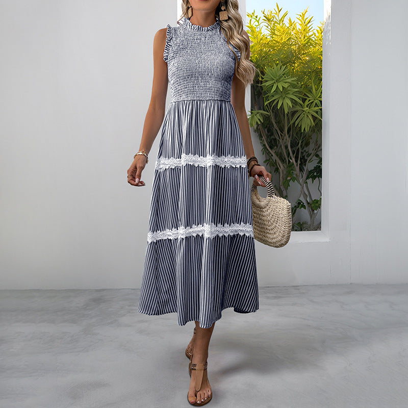 Casual Women's Lace Sleeveless Striped Dress