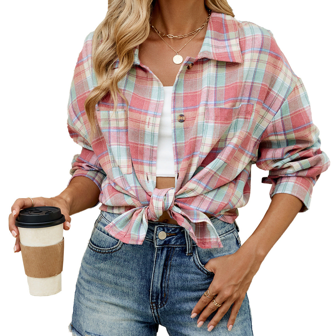 Lapel Long Sleeve Pocket Button Plaid Shirt Top Women