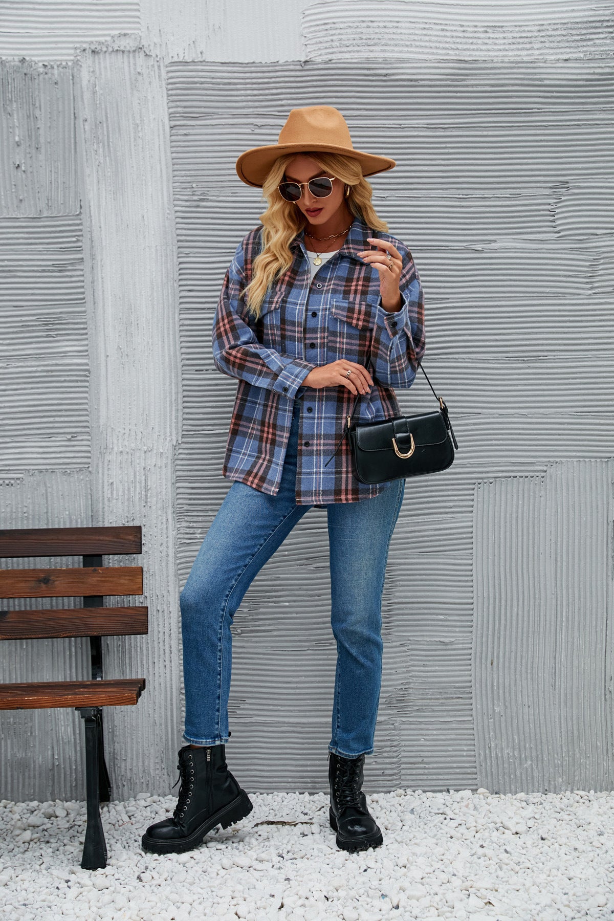Women Casual Fashion Single-breasted Plaid Loose Wool Jacket