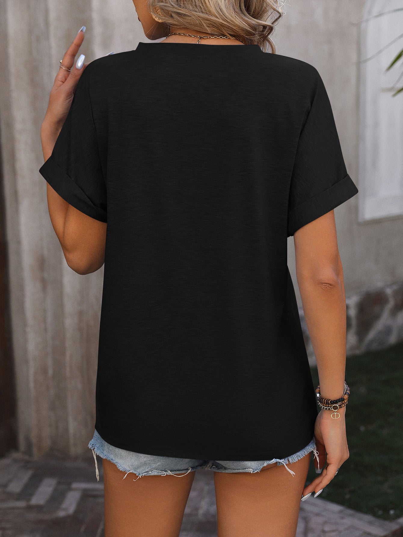 Summer V-neck Button Solid Color Cotton Loose Short-sleeved T-shirt Women