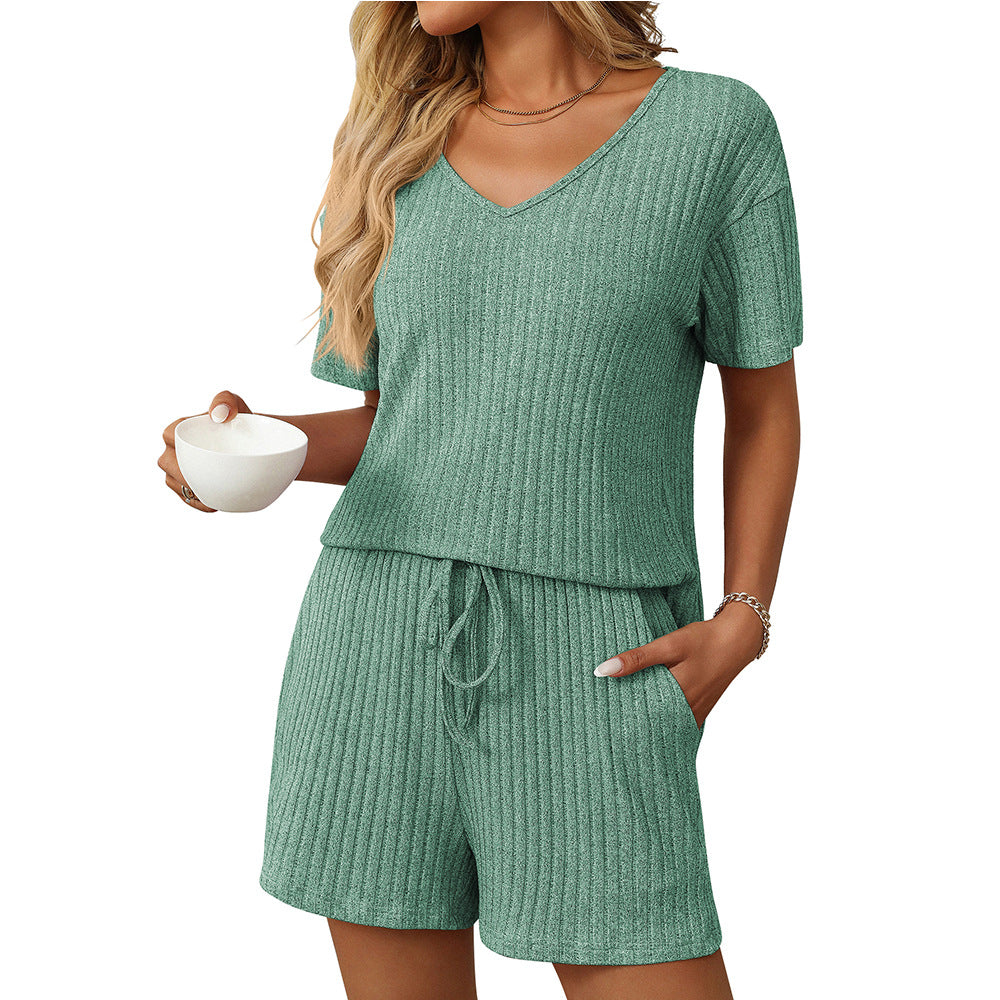 Solid Color Pit Strip Pajamas Short-sleeved Loungewear Set